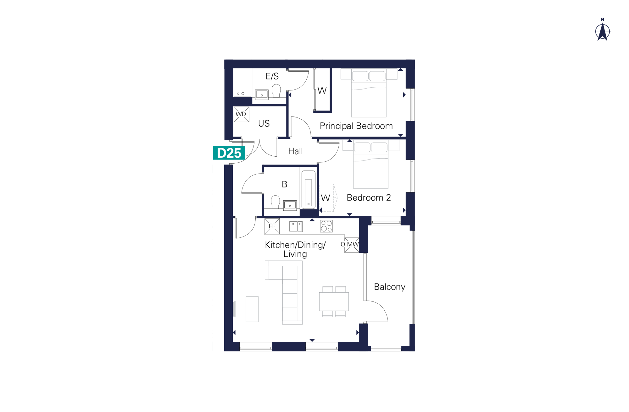 Plot D16 has been designed with an open plan kitchen/dining living room at the heart of the home with a fully fitted kitchen and integrated appliances. Leading out from the open plan area is the balcony, ideal for entertaining guests. The principal bedroom includes a built-in wardrobe and enviable en-suite. Additionally, benefit from a second bedroom and family bathroom.   Leafy walkways and streets weave around the apartment building, with a private resident's podium garden located on the first floor, with